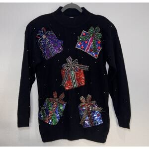 Marisa Christina Christmas Sweater Size S Black Sequins Holiday Lambswool Angora